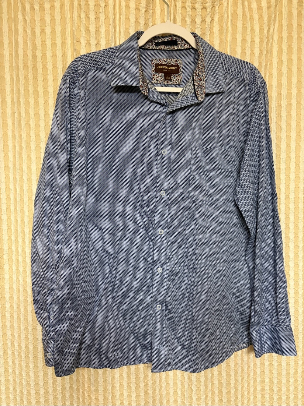 Johnston & Murphy Blue Patterned Long-Sleeve Dress Shirt with Contrast Collar